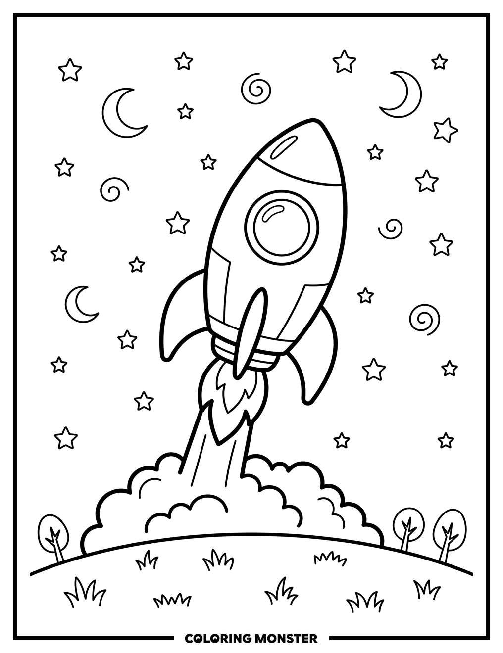 Cartoon Rocket Ship Blasting Off Coloring Page