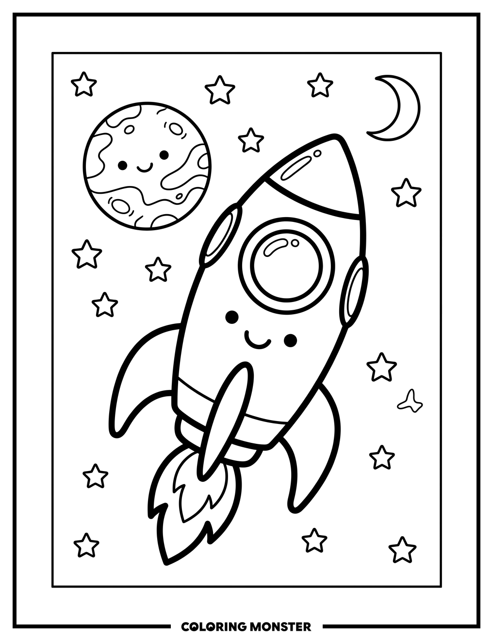 Cartoon Rocket Ship in Space Coloring Page
