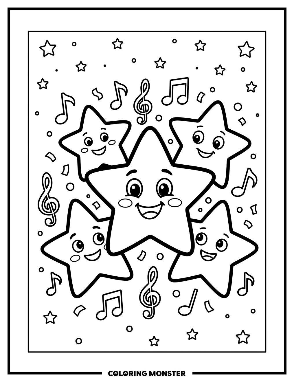 Cartoon Stars Sing Under Night Sky Coloring Page