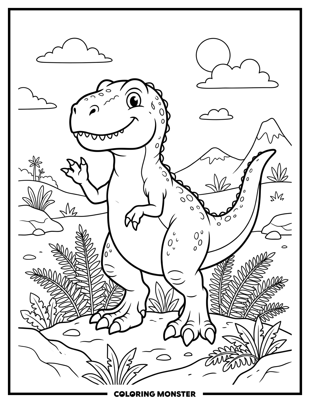 Cartoon T-Rex Waving Hello Coloring Page
