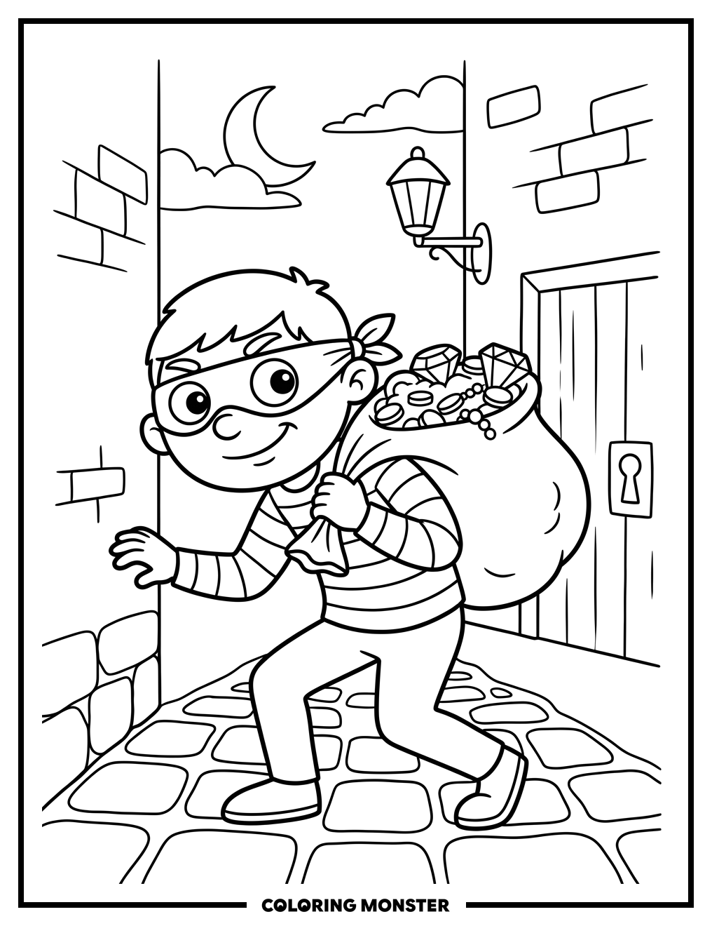 Cartoon Thief Escaping with Treasure Coloring Page