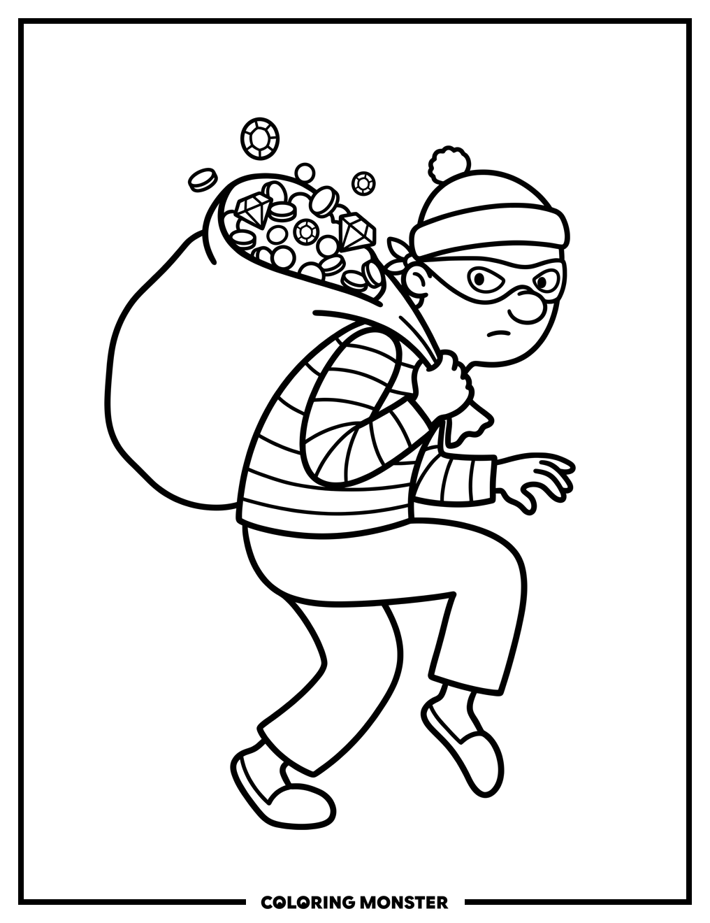 Cartoon Thief with Treasure Sack Coloring Page