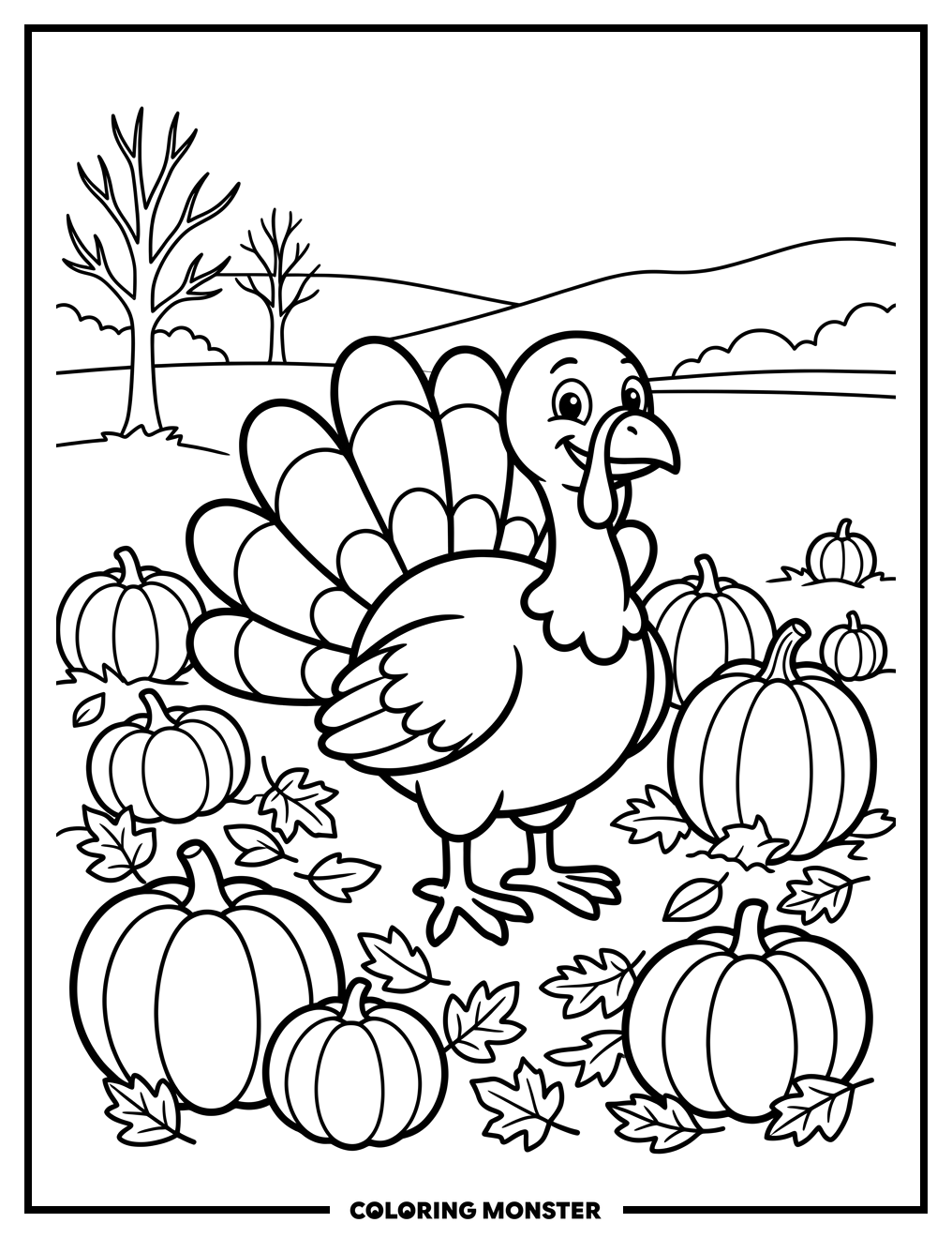 Cartoon Turkey In Pumpkin Patch Coloring Page