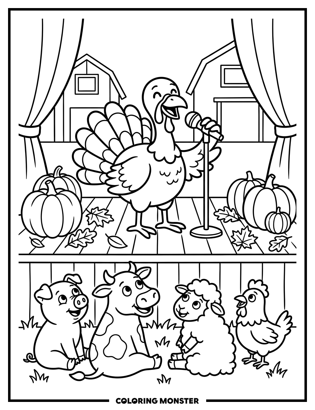 Cartoon Turkey Telling Jokes To Farm Animals Coloring Page