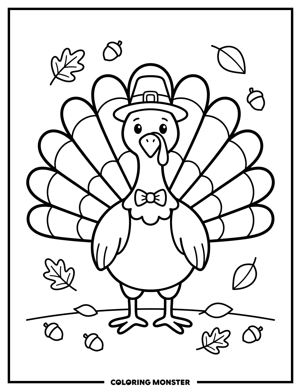 Cartoon Turkey With Autumn Leaves Coloring Page
