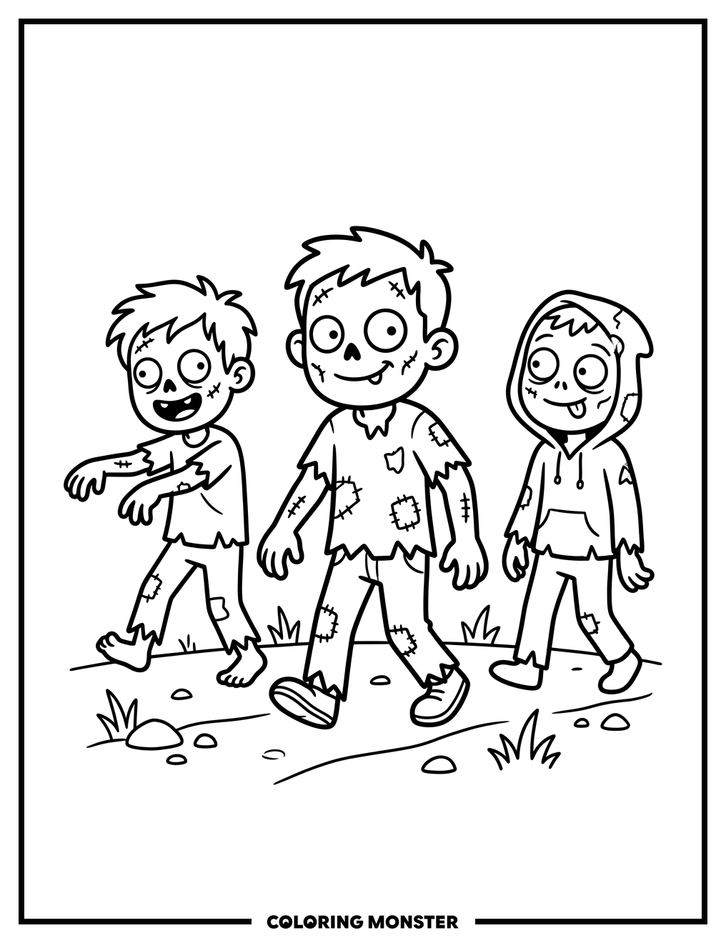 Cartoony Zombies Walking Together Coloring Page