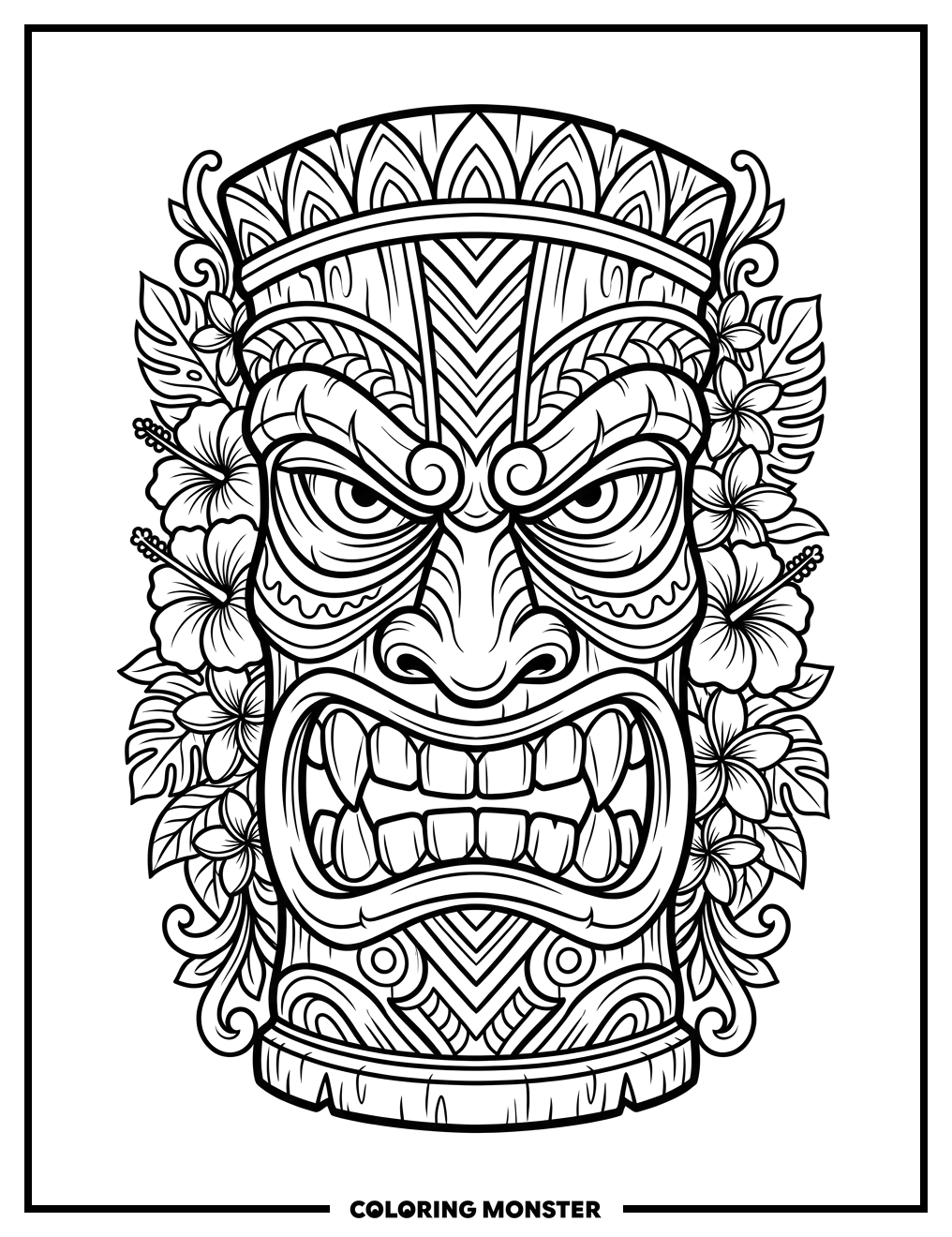 Carved Tiki Mask with Floral Patterns Coloring Page