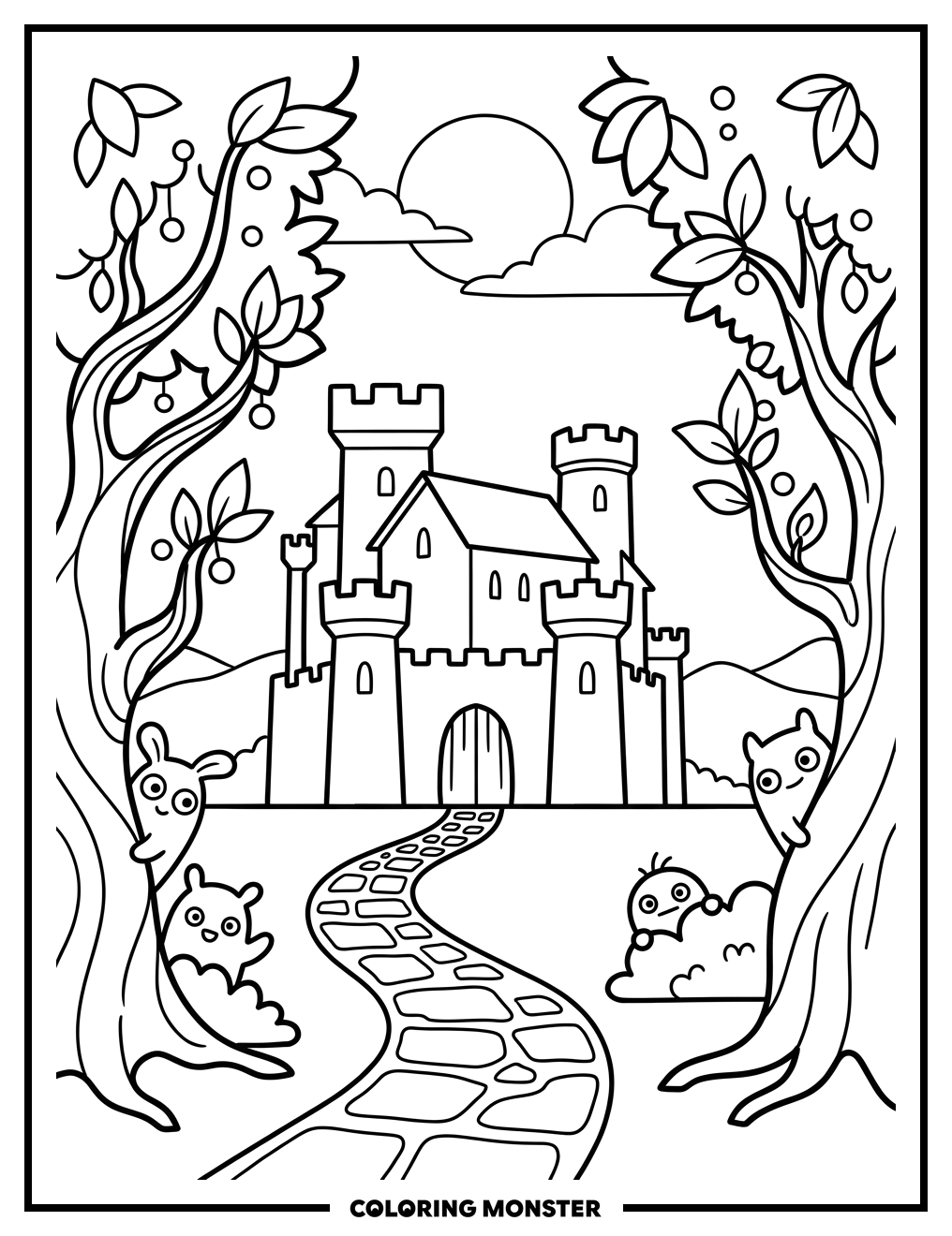 Castle In Enchanted Forest Coloring Page