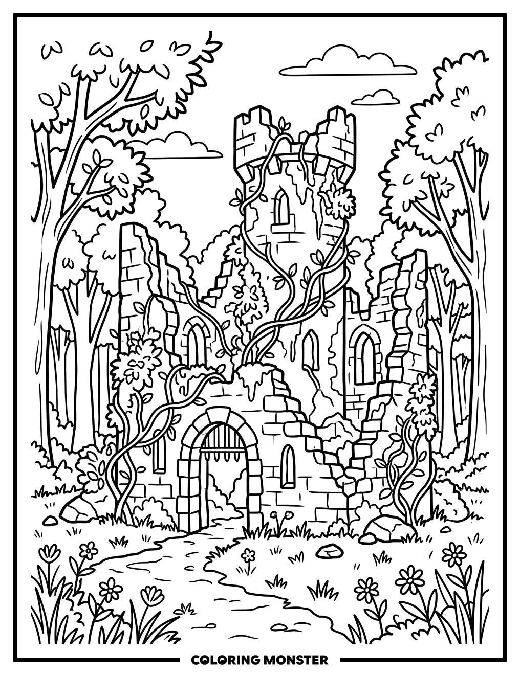 Castle Ruins Overgrown with Vines Coloring Page