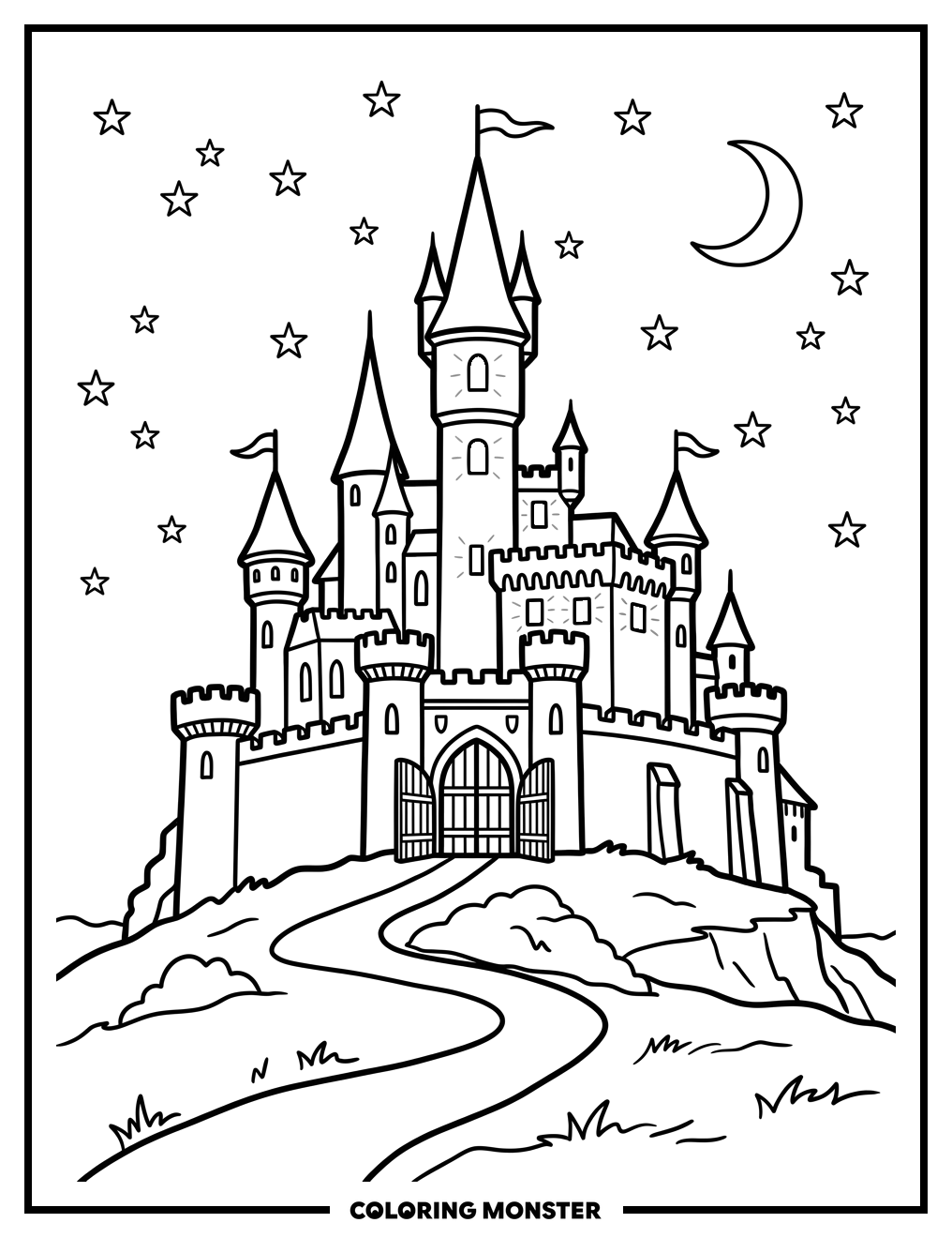 Castle Silhouette at Twilight Coloring Page
