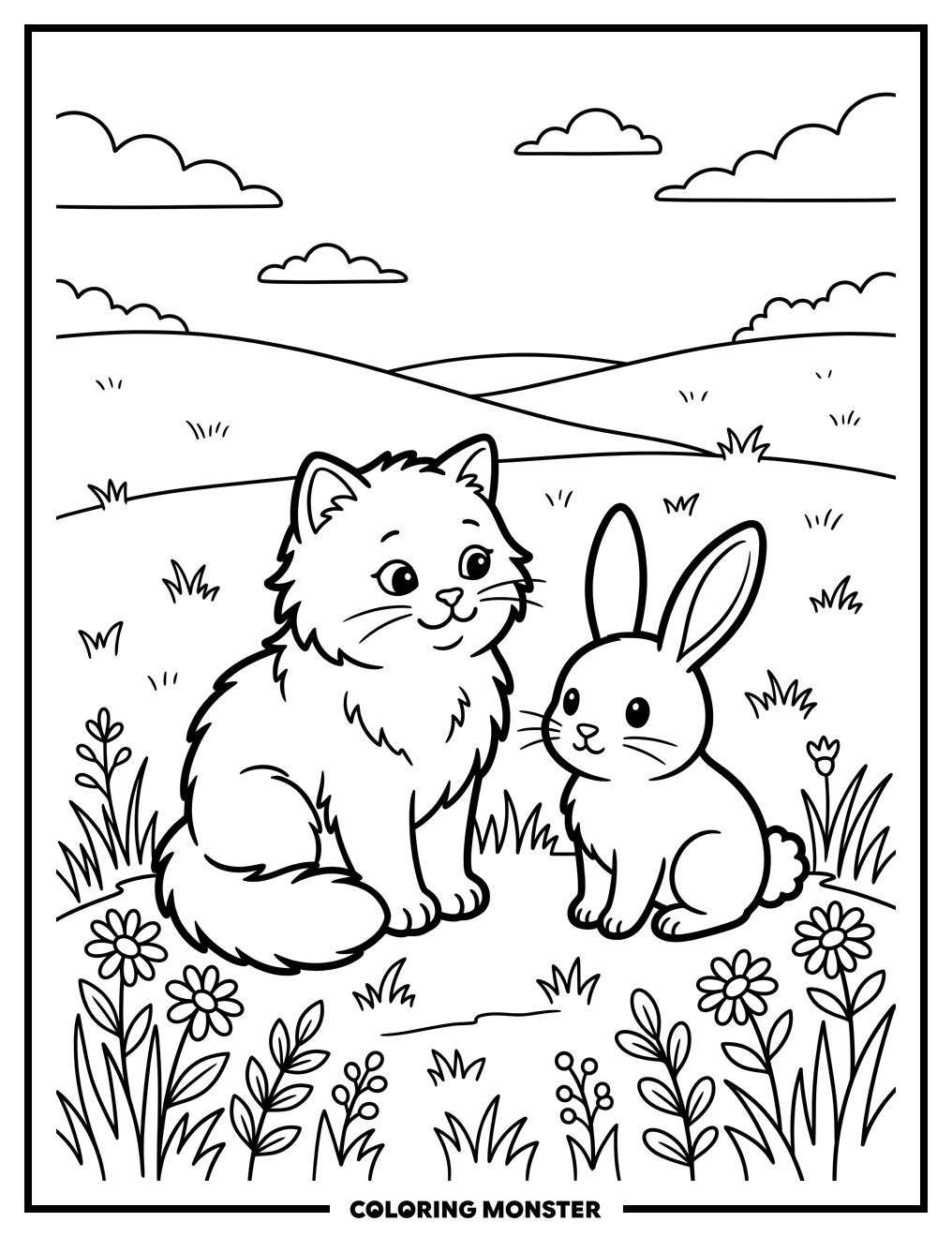 Cat and Bunny in Meadow Coloring Page