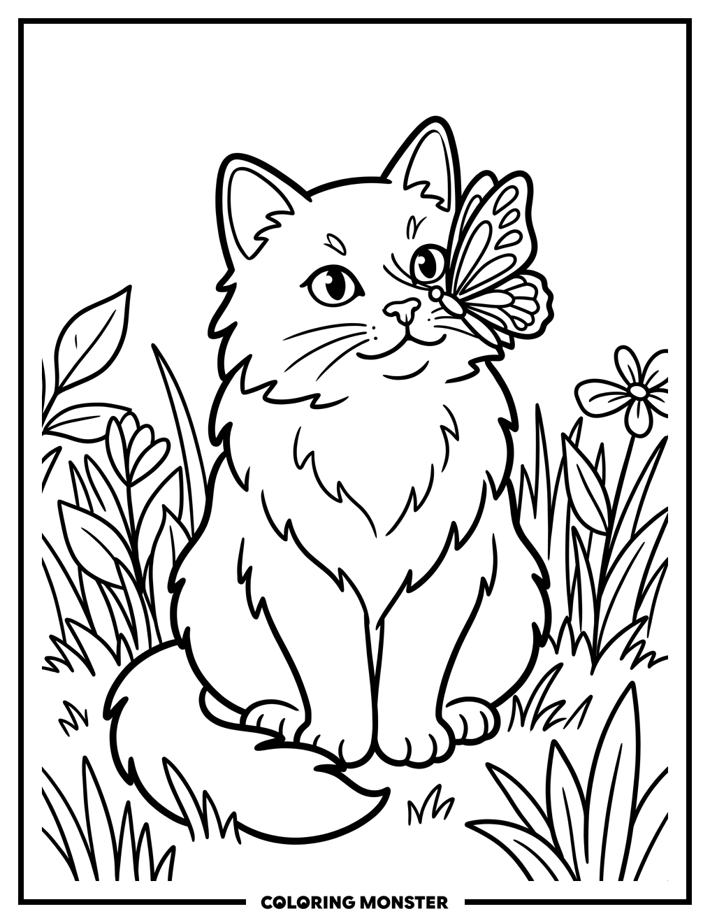 Cat and Butterfly on Nose Coloring Page