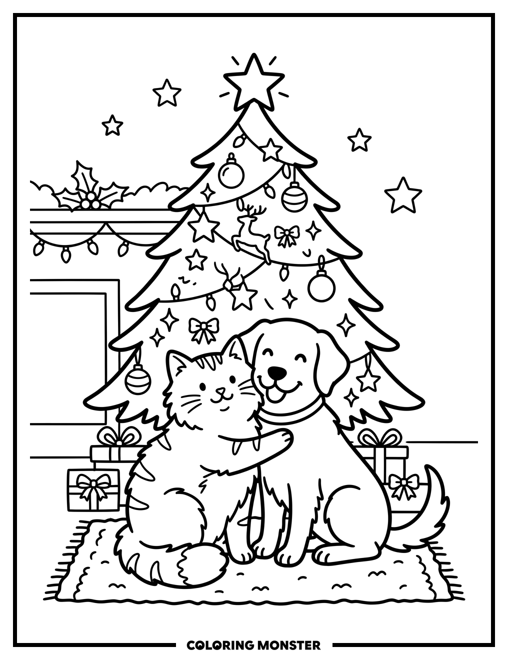 Cat and Dog Hugging by Christmas Tree Coloring Page