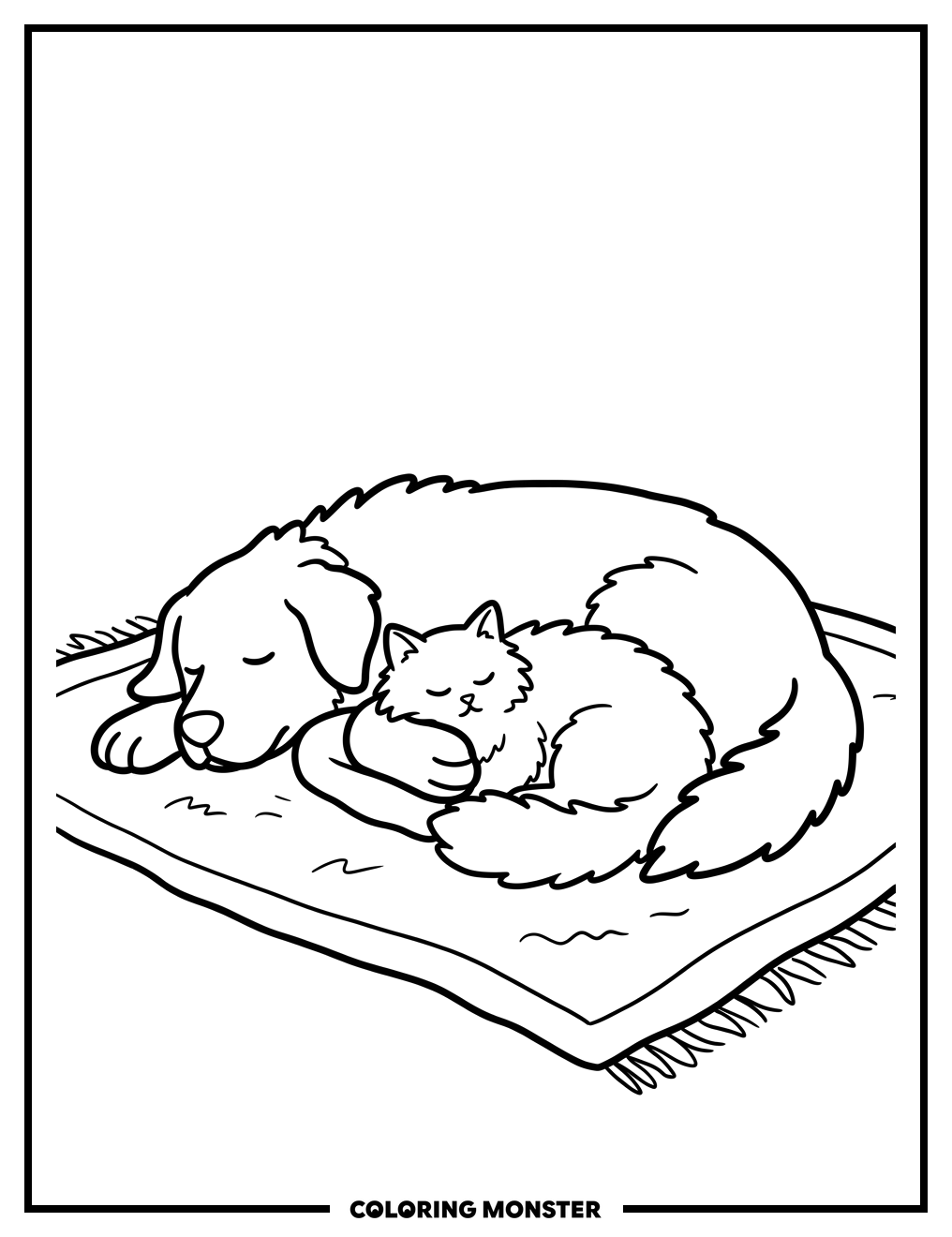 Cat and Dog Napping Together Coloring Page