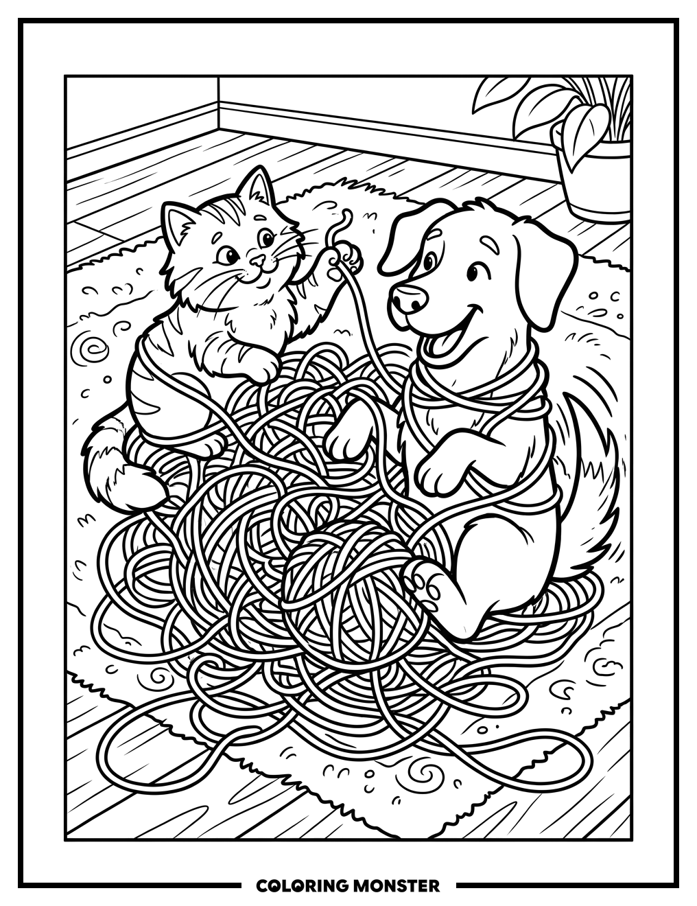 Cat and Dog Play With Yarn Coloring Page