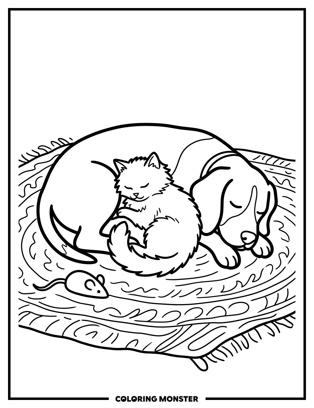 Cat and Dog Sleeping Together Coloring Page