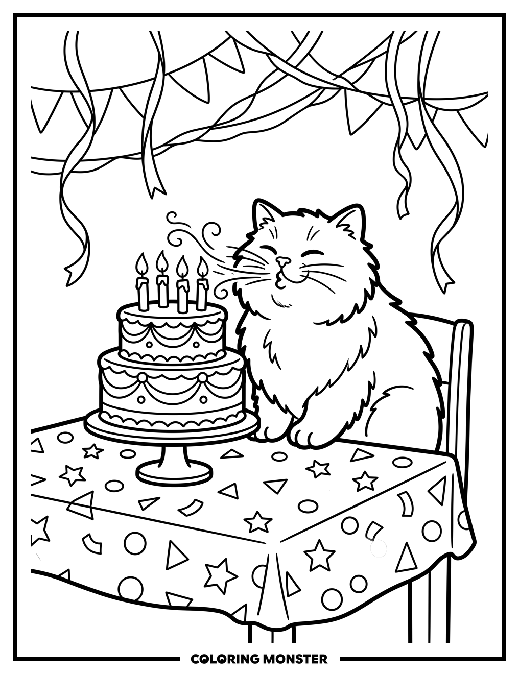 Cat Blowing Out Birthday Candles Coloring Page