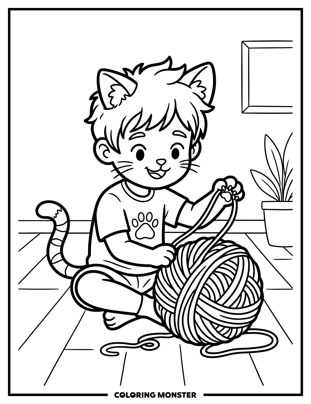 Cat Boy Playing with Yarn Coloring Page