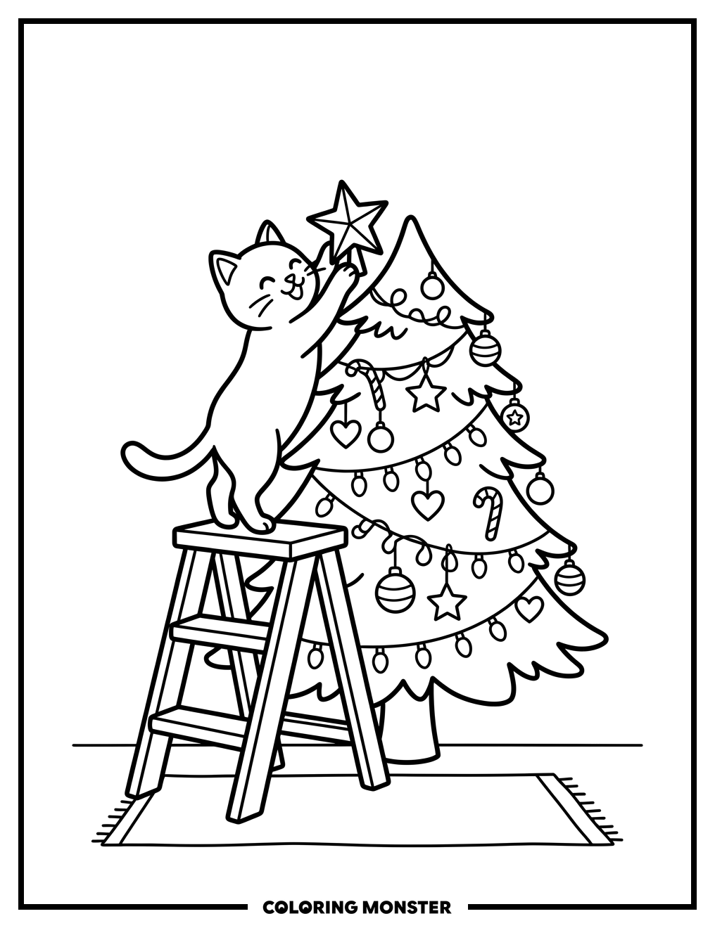 Cat Decorating a Christmas Tree Coloring Page