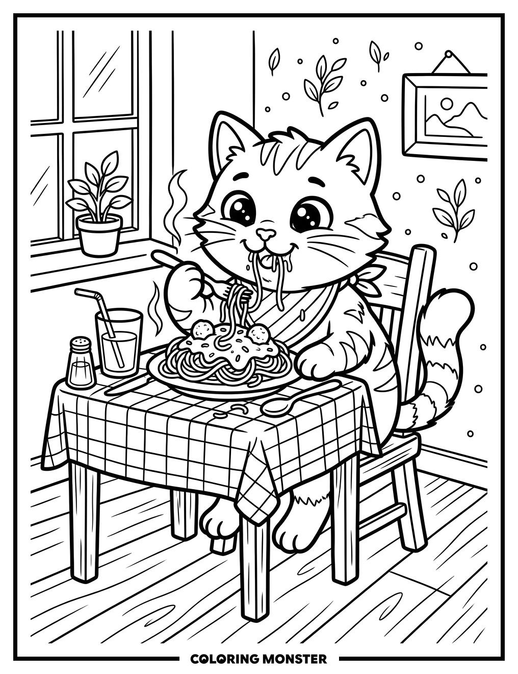 Cat Eating Spaghetti At Table Coloring Page