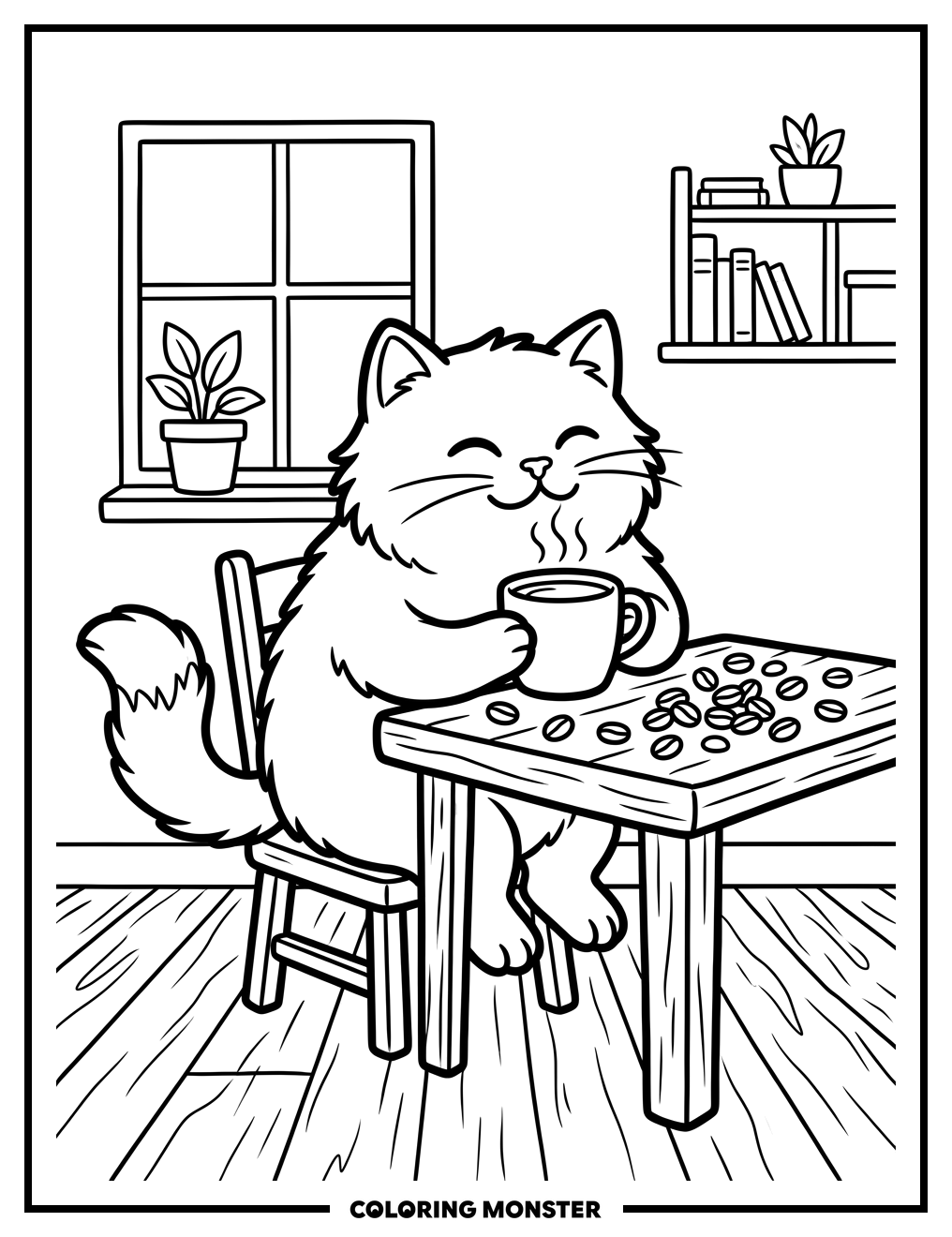 Cat Enjoying a Steaming Coffee Mug Coloring Page