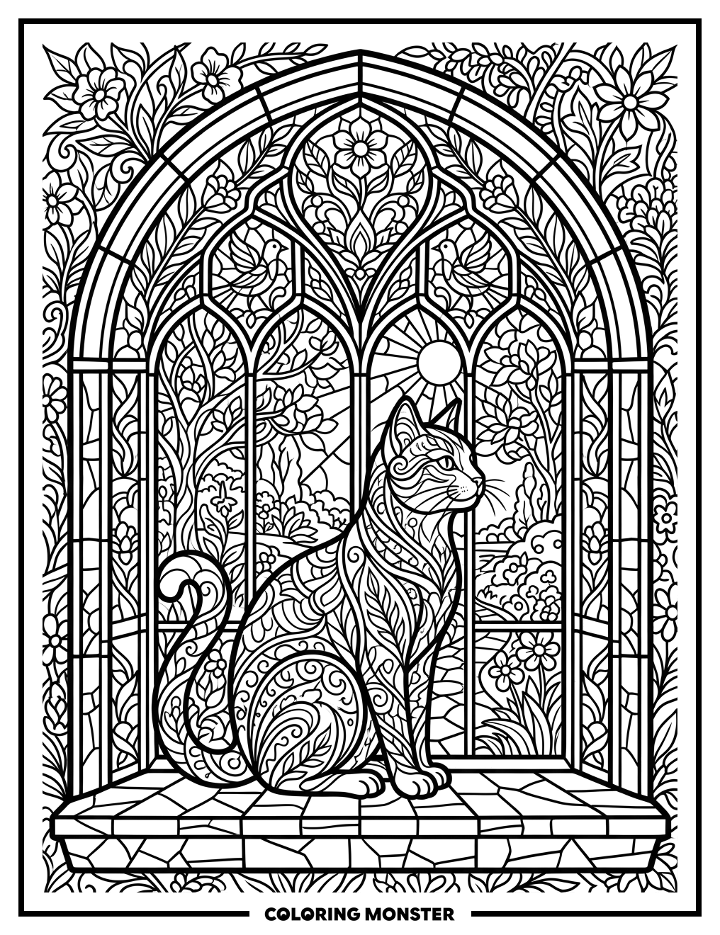 Cat Gazing Through Stained Glass Window Coloring Page