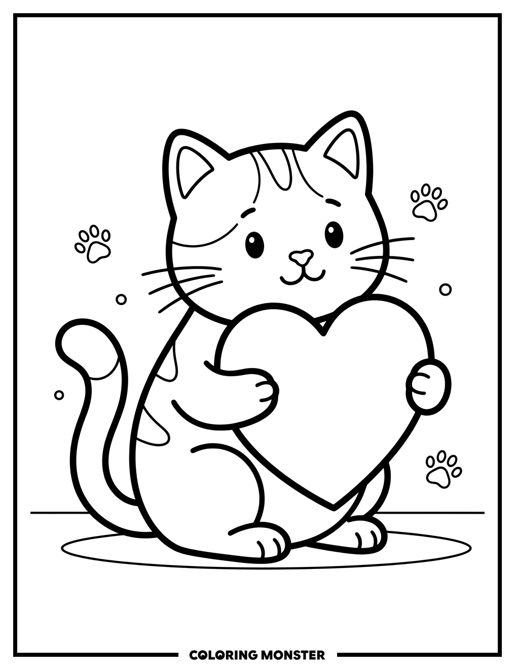 Cat Holding a Heart Coloring Page