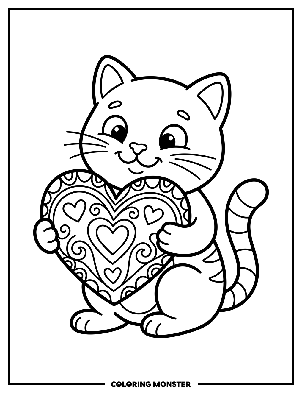 Cat Holding a Valentine Heart Coloring Page