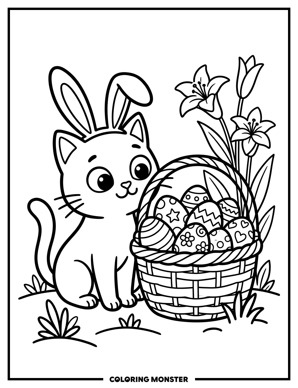 Cat in Bunny Ears With Easter Basket Coloring Page