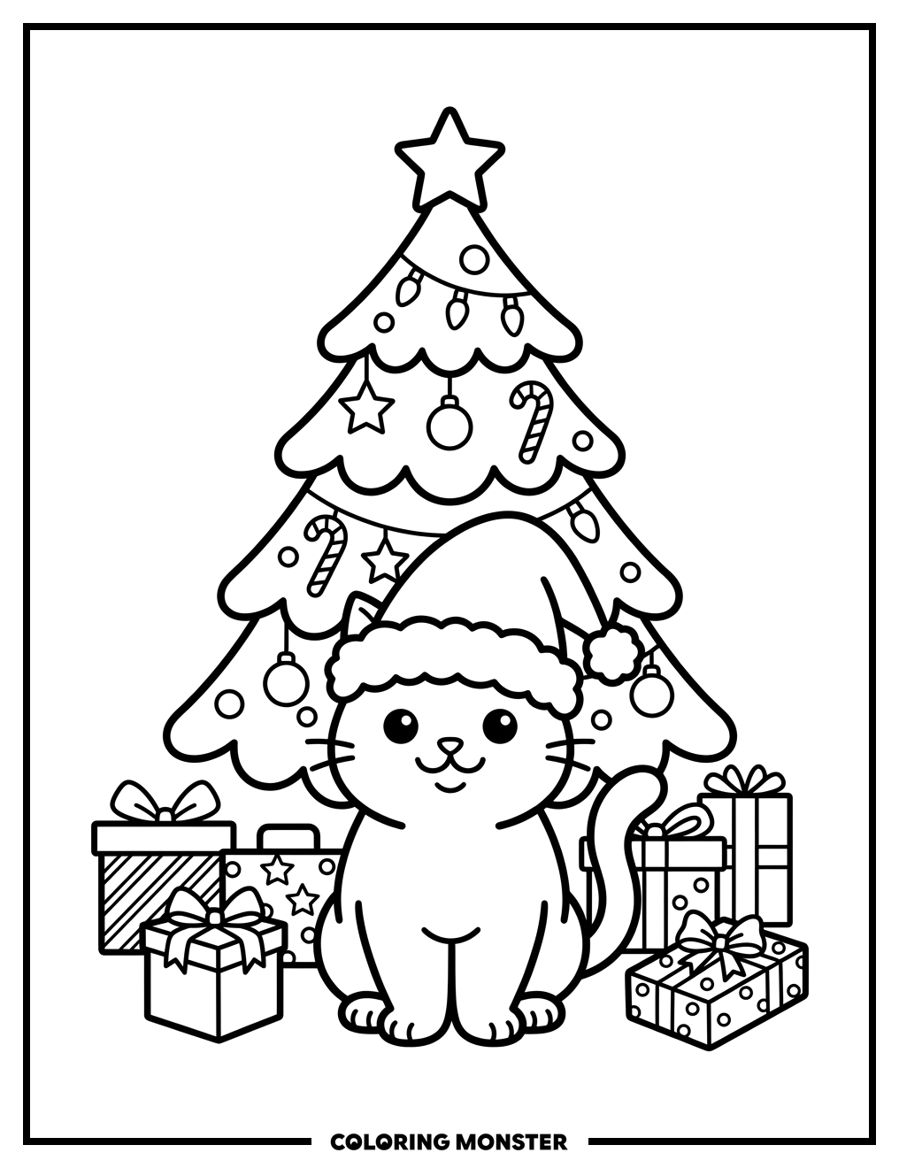 Cat in Santa Hat by Christmas Tree Coloring Page