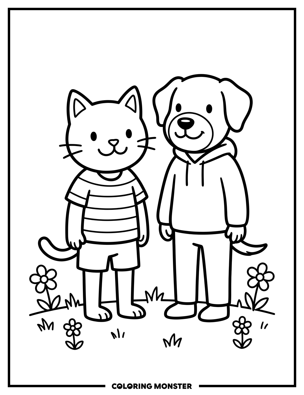 Cat Kid and Dog Man Friends Coloring Page