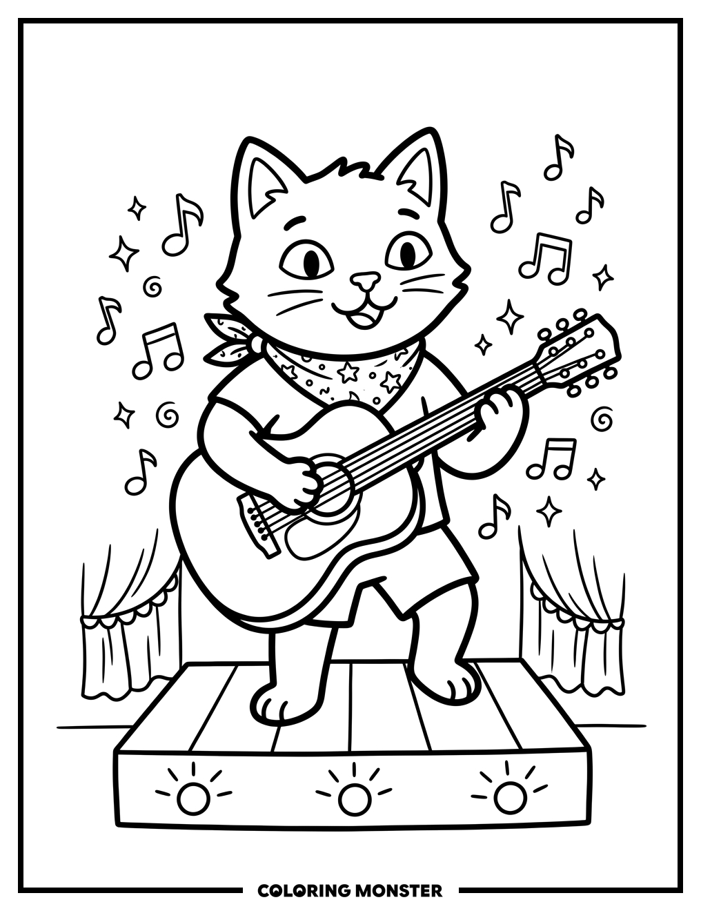 Cat Musician Playing Guitar Coloring Page