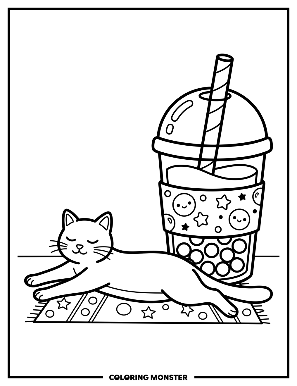 Cat Napping Beside Boba Tea Coloring Page