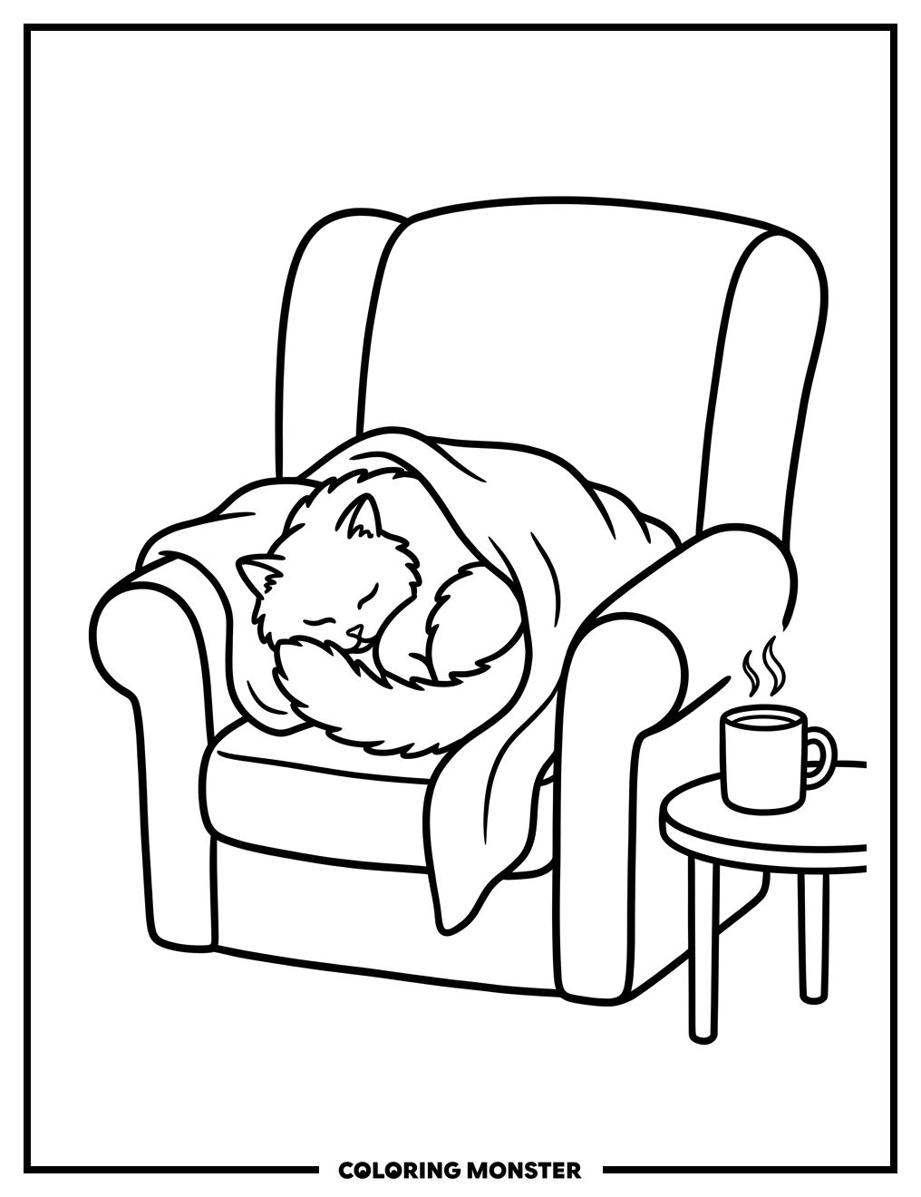 Cat Napping in Armchair Coloring Page