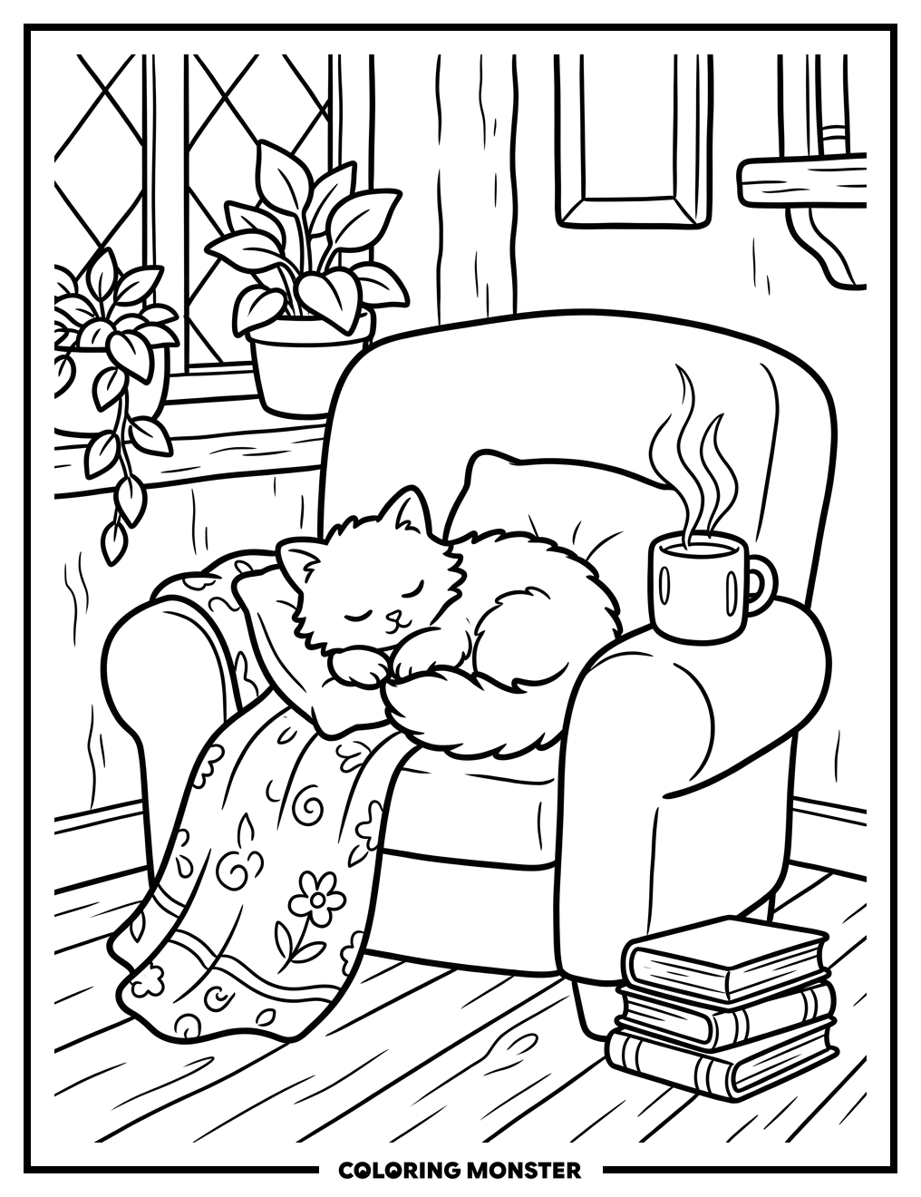 Cat Napping in Armchair Coloring Page