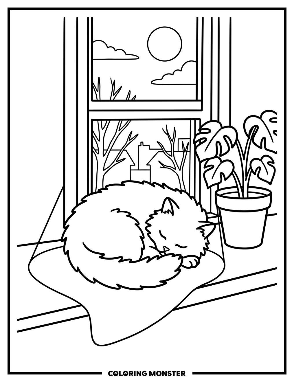 Cat Napping in Sunbeam Coloring Page