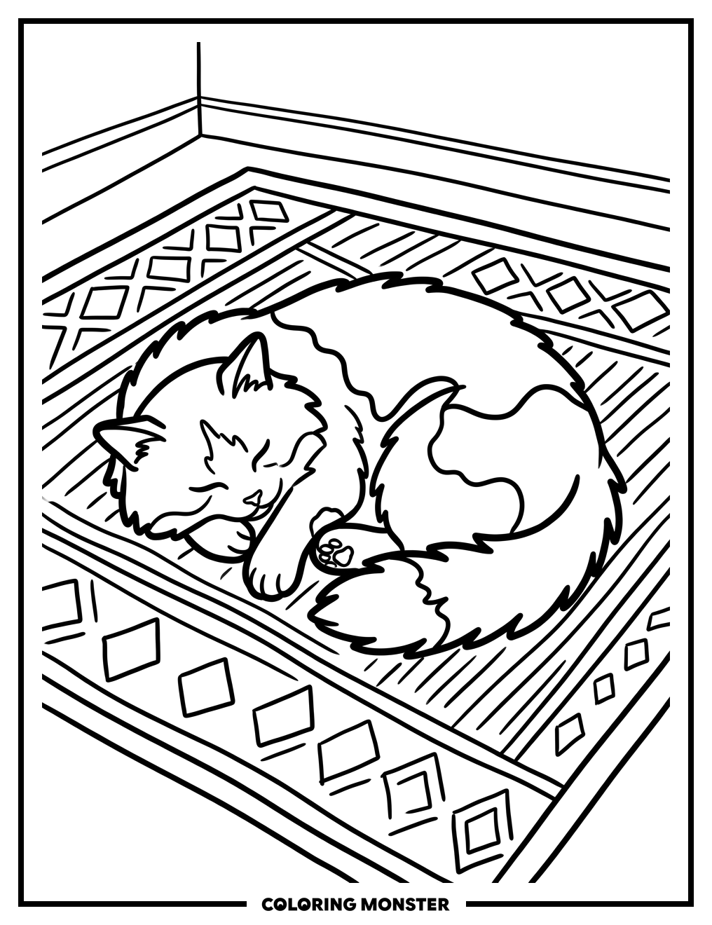 Cat Napping on a Rug Coloring Page