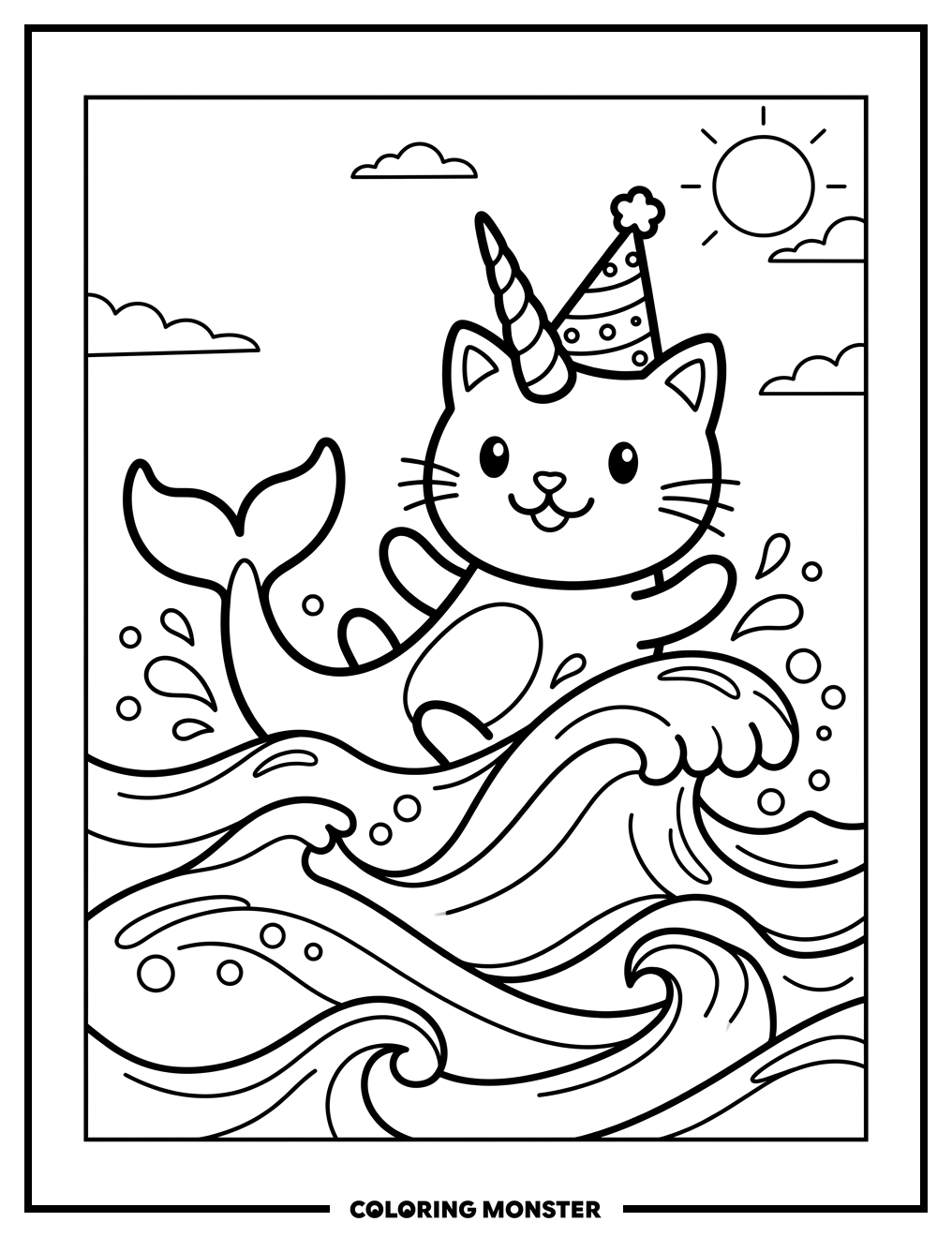 Cat Narwhal With Party Hat Coloring Page
