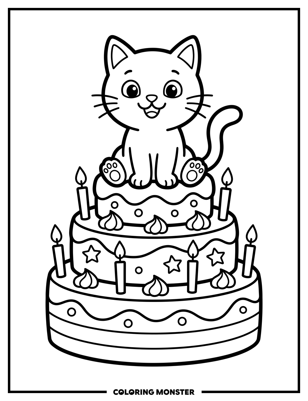 Cat on Birthday Cake Coloring Page