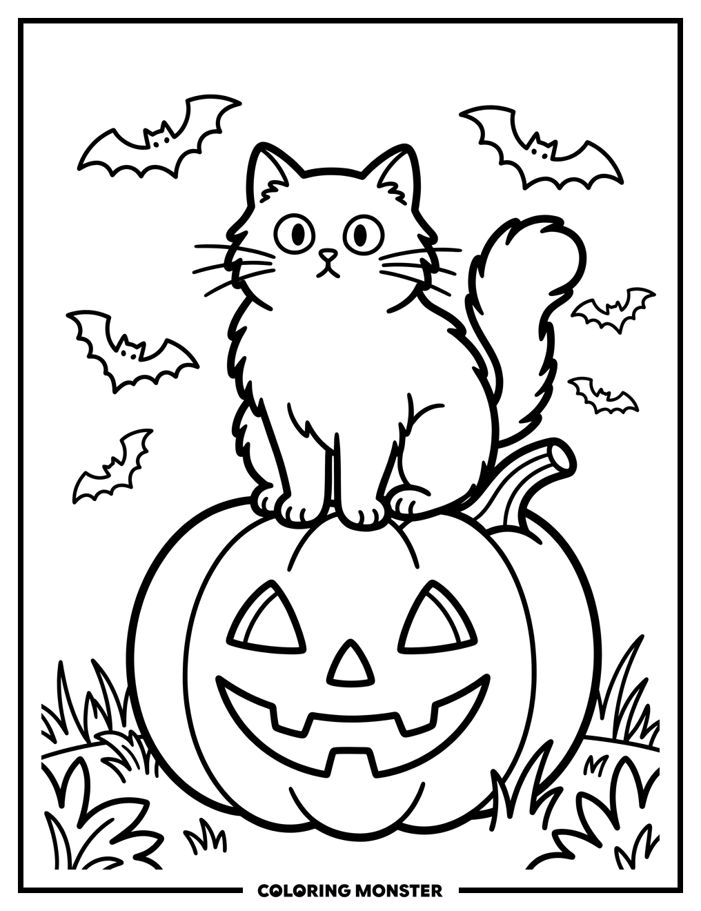 Cat on Carved Pumpkin Coloring Page