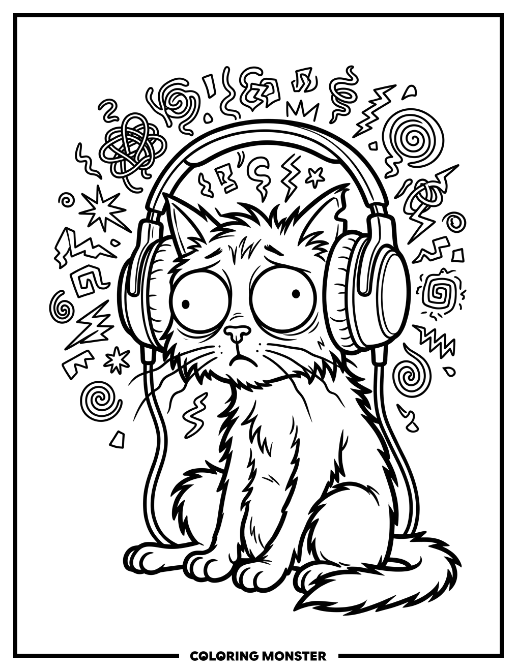 Cat Overwhelmed by Music Coloring Page