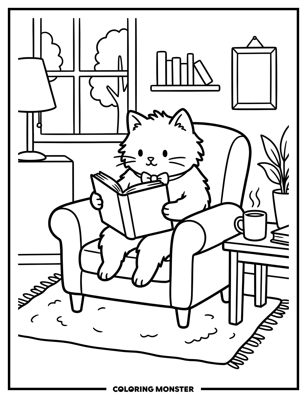 Cat Reading a Book in Armchair Coloring Page