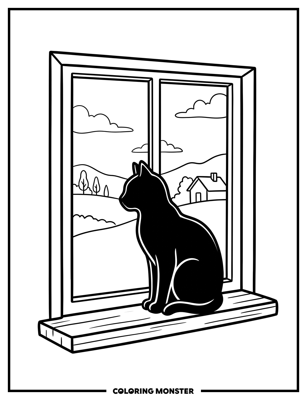 Cat Silhouette on Window Sill Coloring Page