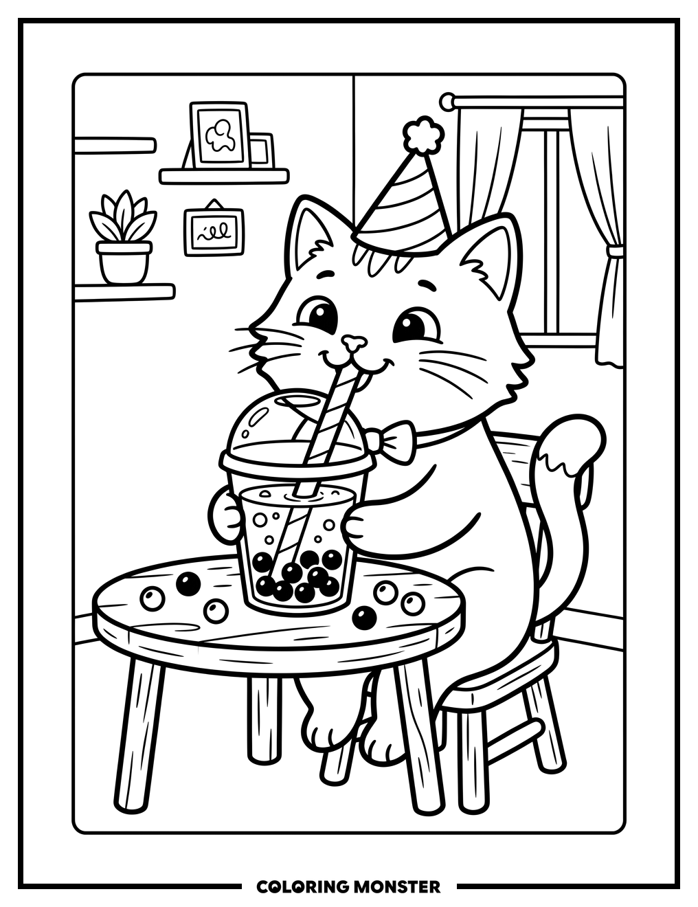 Cat Sipping Bubble Tea At Table Coloring Page