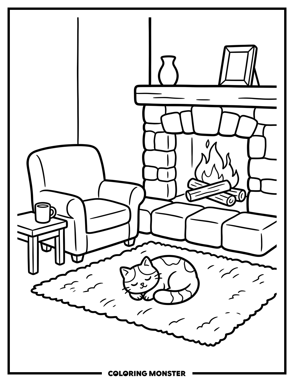 Cat Sleeping By Fireplace Coloring Page