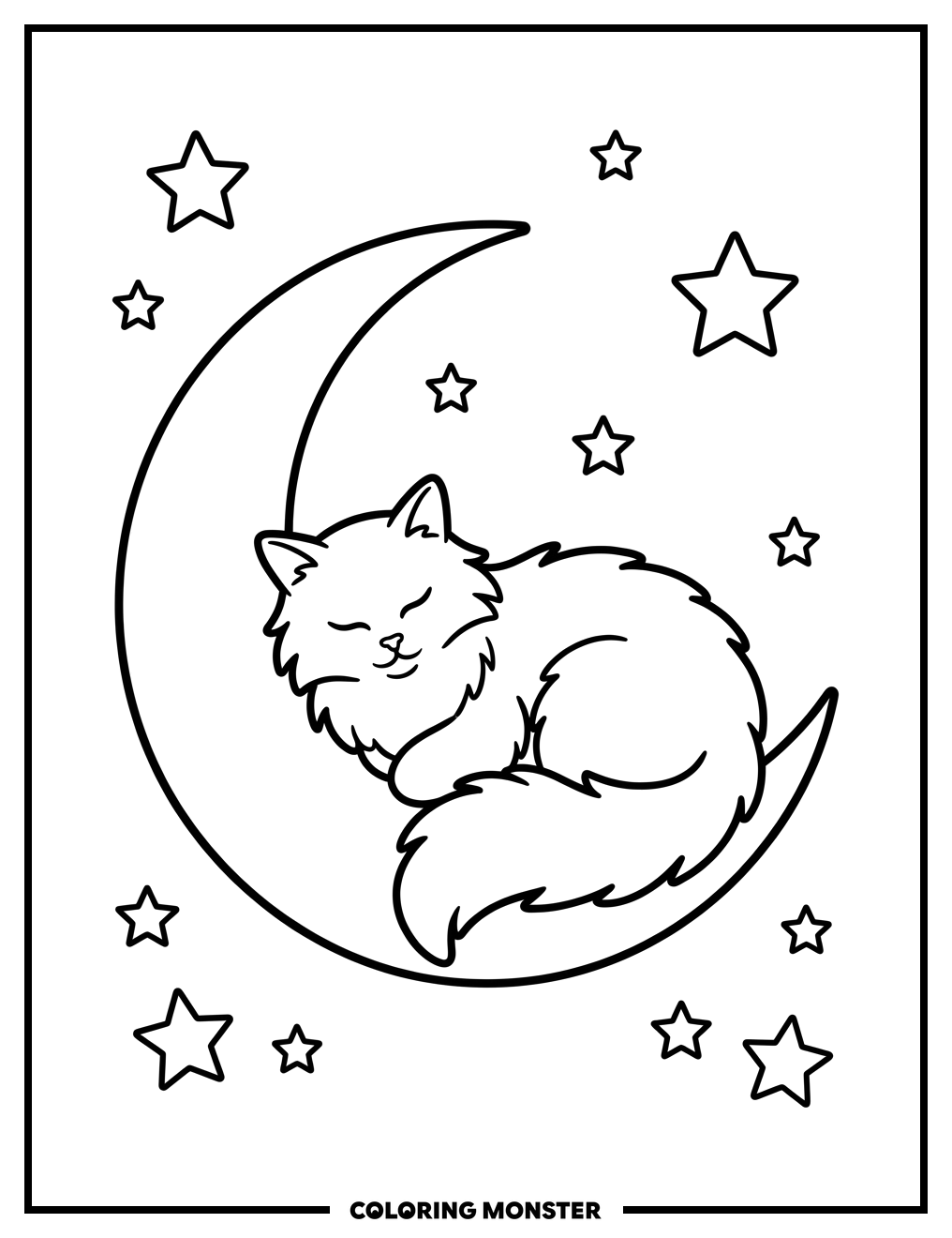 Cat Sleeping on Crescent Moon Coloring Page