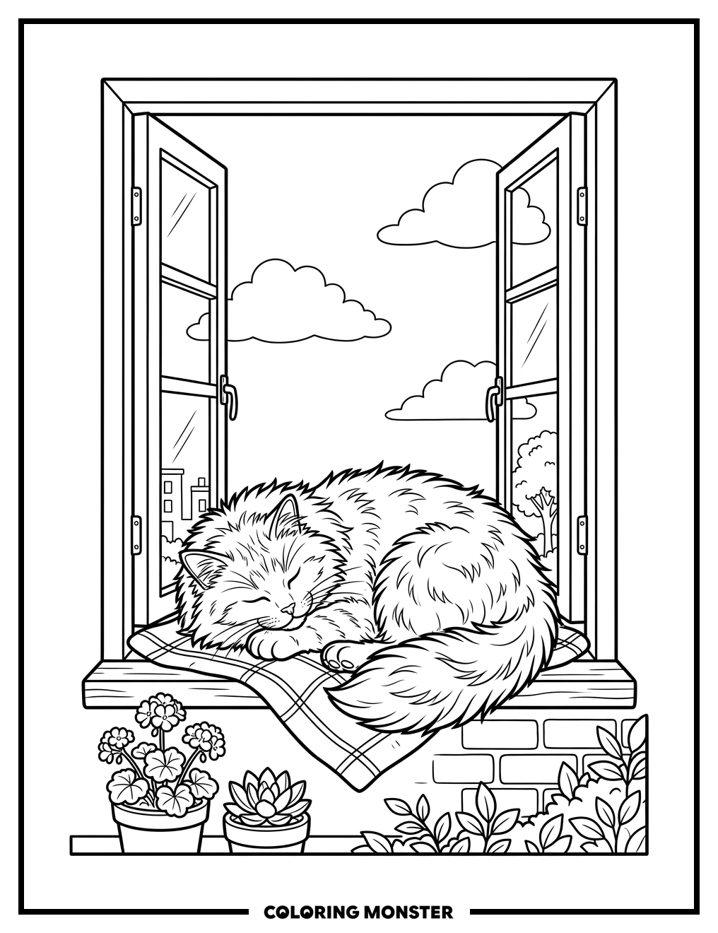 Cat Sleeping on Sunny Windowsill Coloring Page