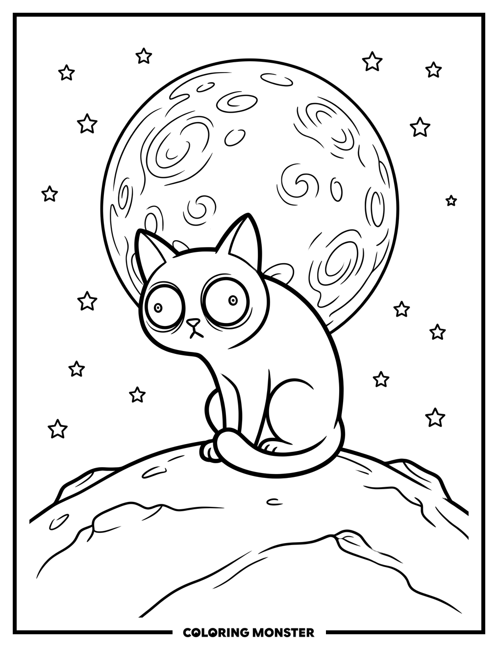 Cat Under Spooky Moon Coloring Page