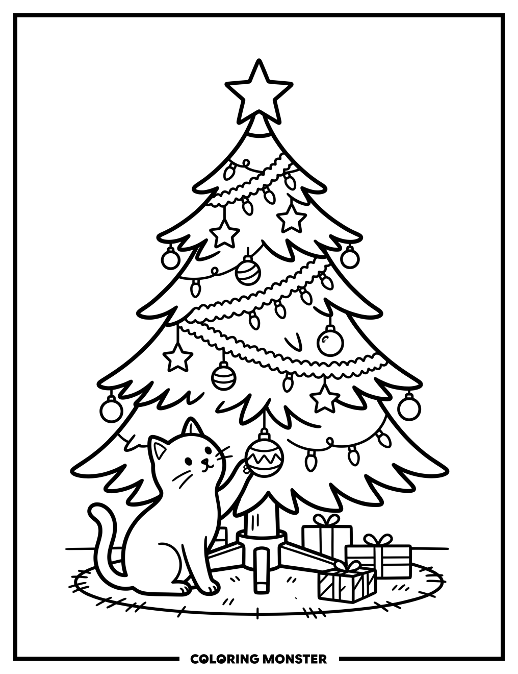 Cat With Christmas Tree Ornament Coloring Page