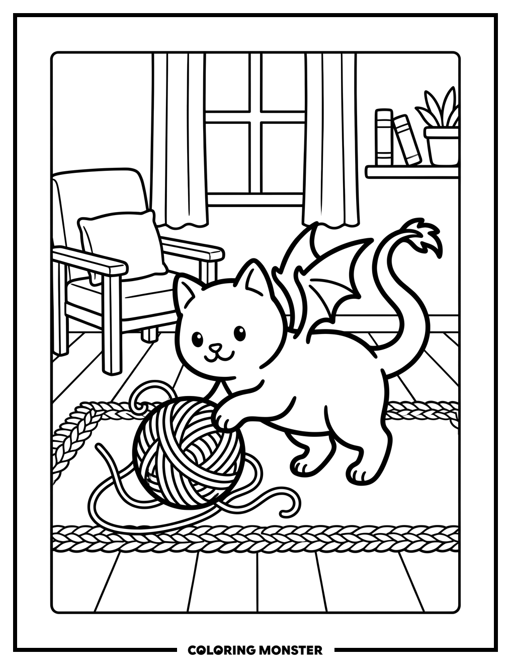 Cat With Dragon Wings Plays With Yarn Coloring Page
